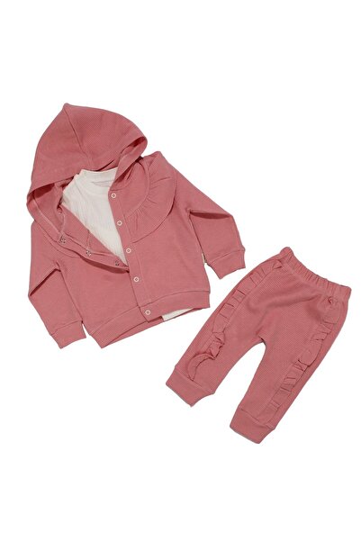 bebegen طقم كارديجان مكشكش وردي اللون للفتيات الصغيرات مكون من 3 قطع