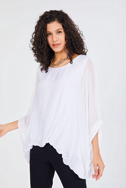 della moor Women's White Italian Bat Sleeve Sequin Detailed Silk Blouse