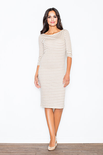 Figl Striped bodycon dress - casual midi dress - beige M311 size L