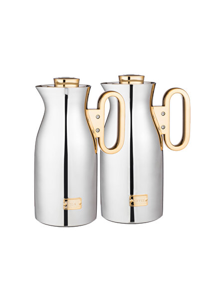 LALOZA ✨ Luxury 2-piece thermos set – shiny silver with gold handle | For tea and coffee (1 liter) ✨