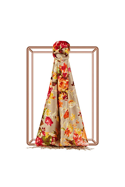 BEİAZ İpekevi Bej Gül Bahçesi Desenli İpek Şal