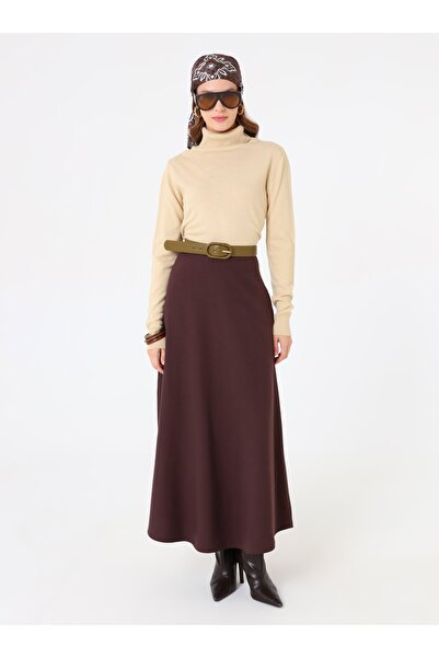 Refka Gabardine Fabric A-Line Classic Skirt - Brown -