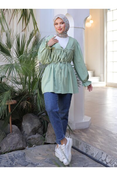 Nergis Neva Butik Belted Drawstring Kimono Tunic - Green - Nergis Neva