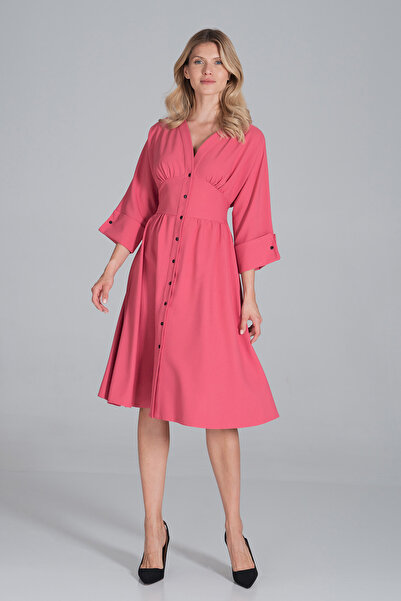 Figl Casual coral midi dress with buttons and 3/4 sleeves - M843 size L