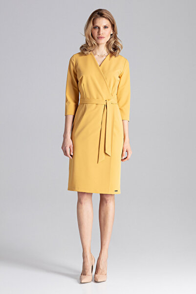 Figl Elegant dress, mustard, with belt - M654 size M