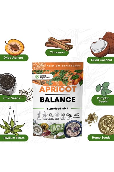 Smart SuperFood SuperfoodsApricotBalance Mix (dried apricots, seeds: pumpkin, hemp, chia, psyllium, coconut, cinnamon)