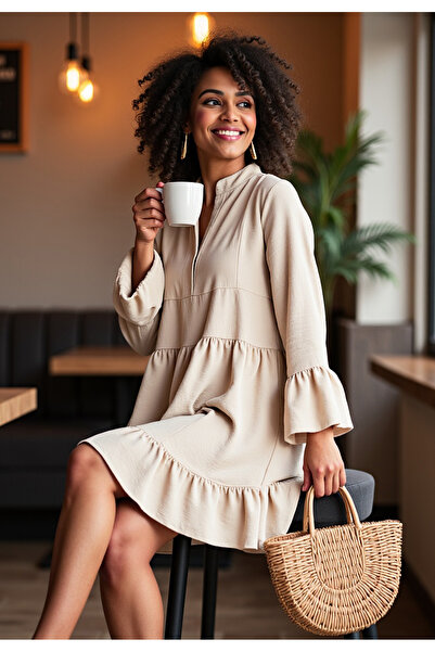 Figl Boho style dress - Ruffle dress - Light beige dress M1136 size S/M