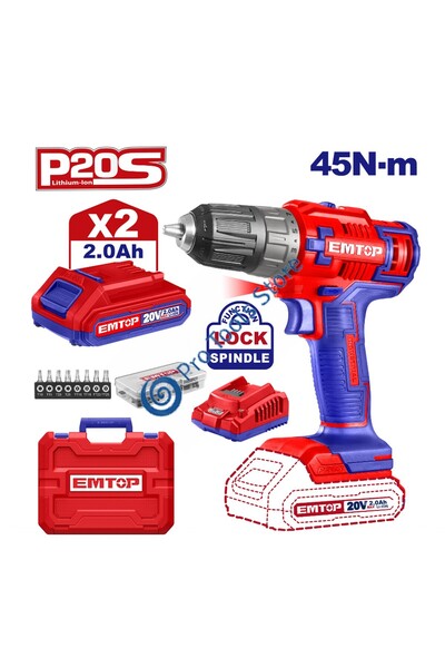 EMTOP Cordless Drill/Driver 20V 2Ah 45Nm, 55 Accessories, 15+1 Torque, 2-Spee...