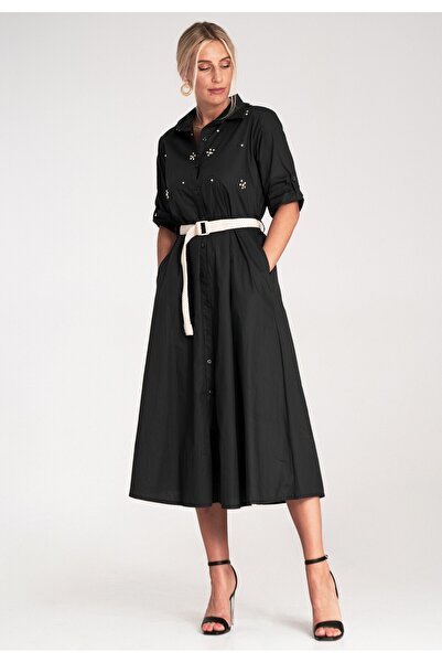 Figl Rhinestone dress - Midi shirt dress - Black dress M1215 size L/XL