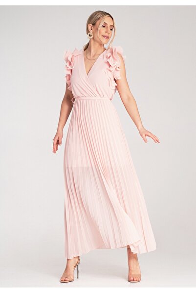 Figl Rochie maxi plisată - Rochie cu mâneci cu volane - Rochie roz M1189 mări...