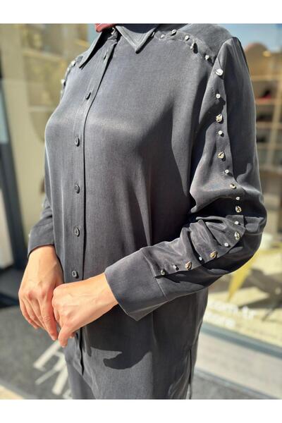 Babil Butik 25023013 Sleeve Stone Detail Women's Blouse Black