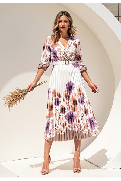 Figl Elegant dress with Printed - Satin dress - White dress with belt M1138 size L/XL