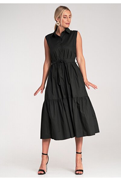 Figl Rochie elegantă cu guler și fără mâneci - Rochie lungă de vară - Negru M...