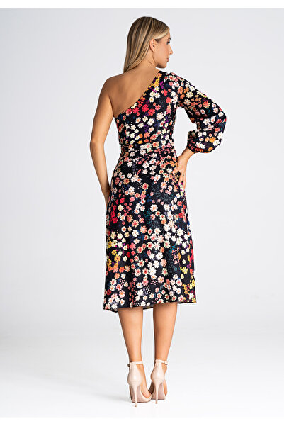Figl Elegant one-shoulder dress with long sleeves, in floral pattern M961, size L
