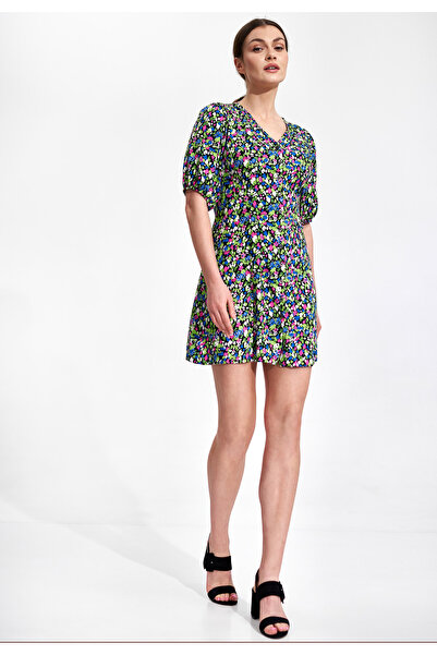 Figl Summer mini dress with colorful flowers, closed with buttons - M881 size XL