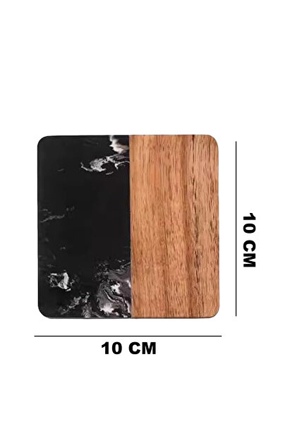 SanDonna Set of 2 square black glass coasters, made of marble and wood