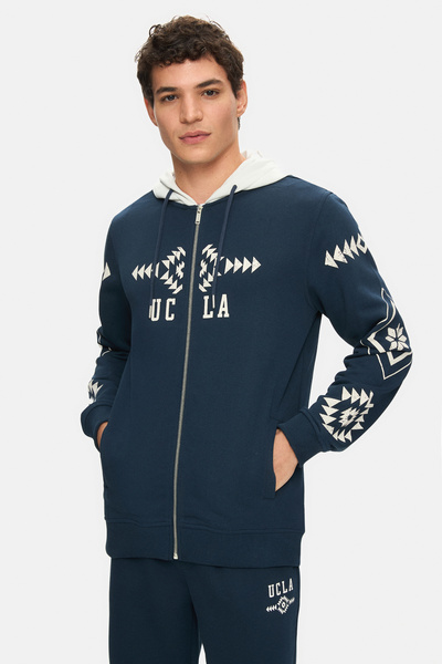 UCLA SPENCER Синій худі з капюшоном, принтом і блискавкою, стандартний крій, чоловічий