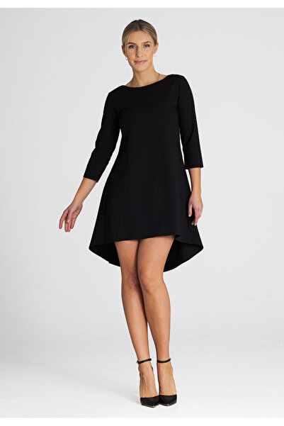Figl Rochie cu tiv asimetric, mâneci 3/4, neagră M988, mărimea L