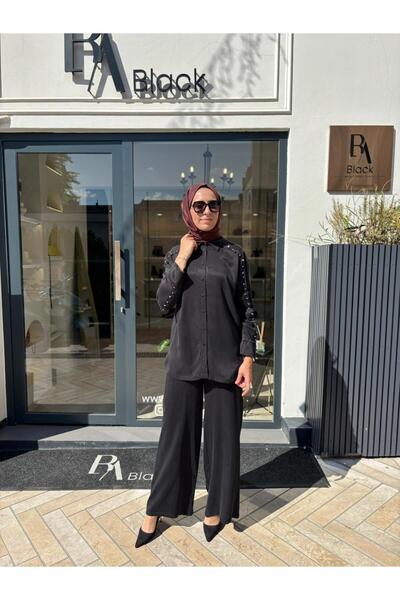 Babil Butik 25023013 Sleeve Stone Detail Women's Blouse Black