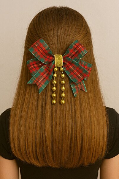 Darya Dd606 Red-Green Plaid Christmas Bow Hair Clip (Gold Detailed) Christmas Hairband