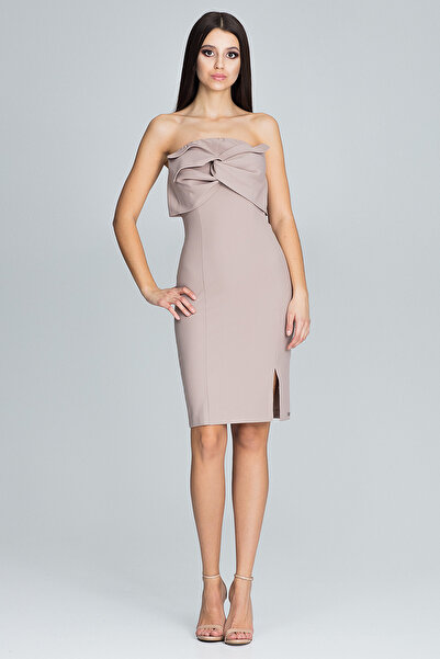 Figl Elegant beige strapless evening dress with bow - M571 size S