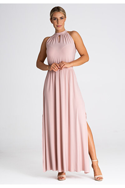 Figl Rochie lungă de seară - Rochie elegantă cu guler înalt, roz M945, mărimea XS