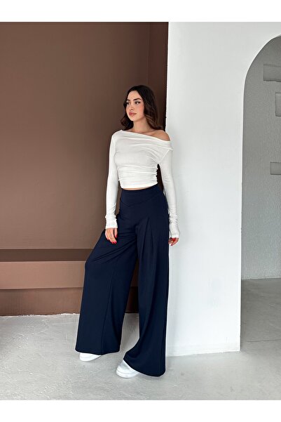 winmoda Soft Textured Front Plied Pants - Modal Fabric Wide Pants with Front Plied