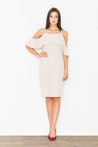 Figl Rochie elegantă de cocktail bej cu umerii goi - M478 mărimea XL