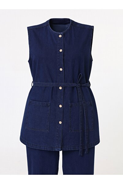 ALİA Denim Pocket Detailed Vest & Trousers Plus Size Set - Dark Navy Blue -