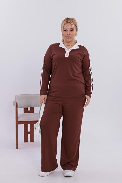 Siyezen Plus Size Gold Button Detailed Striped Suit