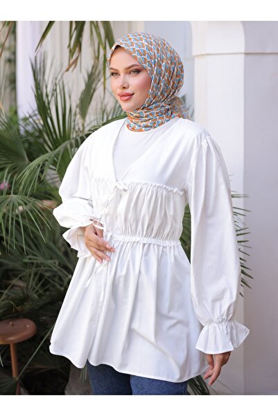 Nergis Neva Butik Tie-Up Kimono Tunic with Waist Tie - Ecru - Nergis Neva