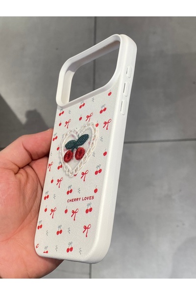 Mee.co iPhone 17 Pro Max Compatible Embroidered Cherry Pattern Case Cherry Figured Knitted Phone Case