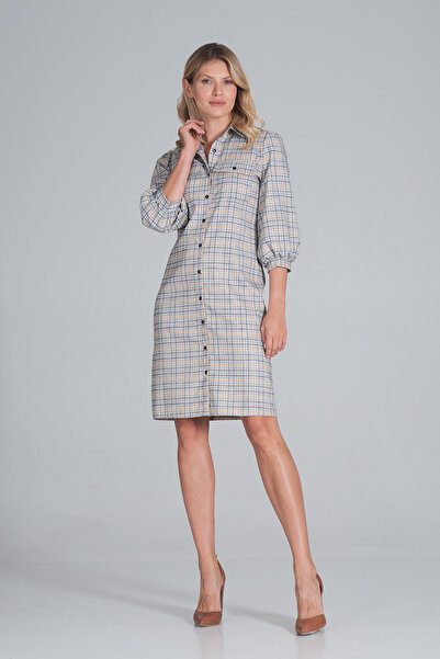 Figl Checkered shirt dress with 3/4 puff sleeves - M849 size S