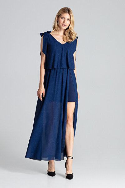 Figl Elegant navy blue dress with Slit and V-neck - M691 size M