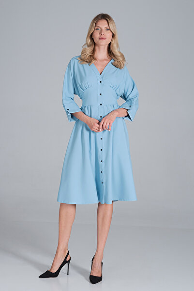 Figl Light blue midi dress with buttons and 3/4 sleeves for everyday wear - M843 size S