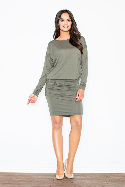 Figl Rochie din viscoză cu încrețituri și mâneci lungi, măsliniu - M343 mărim...