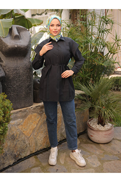 Nergis Neva Butik Tunic with Handles on the Sides and Ribbed Front - Black - Nergis Neva