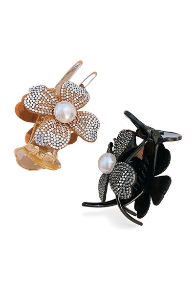 By Saadet Özkanlı Black Stone Flower Detailed Bun Hairpin Butterfly Clasp Gold