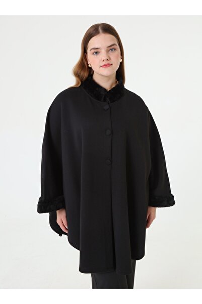 ALİA Cape Poncho with Fur Detail on the Sleeves and Collar - Black -