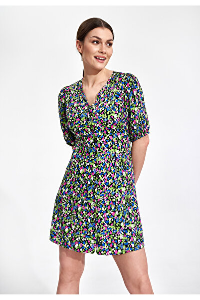 Figl Summer mini dress with colorful flowers, closed with buttons - M881 size XL