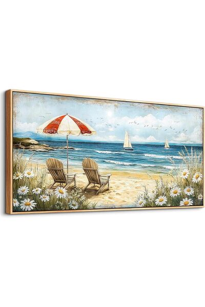 Emoda home Trove Framed Canvas Wall Art (60x120 cm) Blue Seaside Landscape Pa...