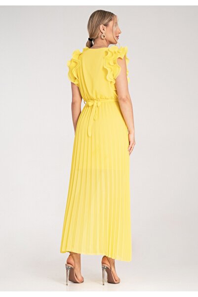Figl Pleated maxi dress - Ruffle sleeve dress - Yellow dress M1189 size S/M