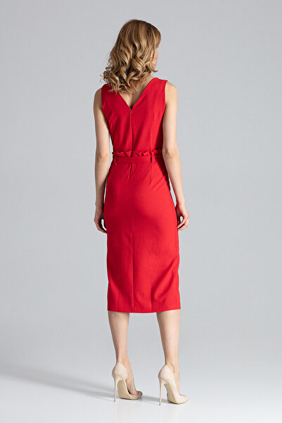 Figl Elegant red midi dress with belt and V-neck - M633 size XL