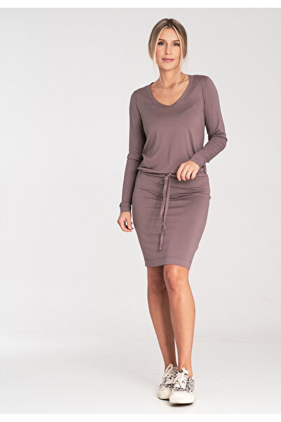 Figl Short dress with tie at the waist - viscose dress - M1049 Brown size S