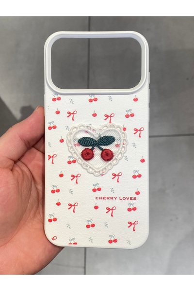 Mee.co iPhone 17 Pro Max Compatible Embroidered Cherry Pattern Case Cherry Figured Knitted Phone Case