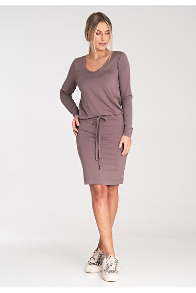 Figl Short dress with tie at the waist - viscose dress - M1049 Brown size S