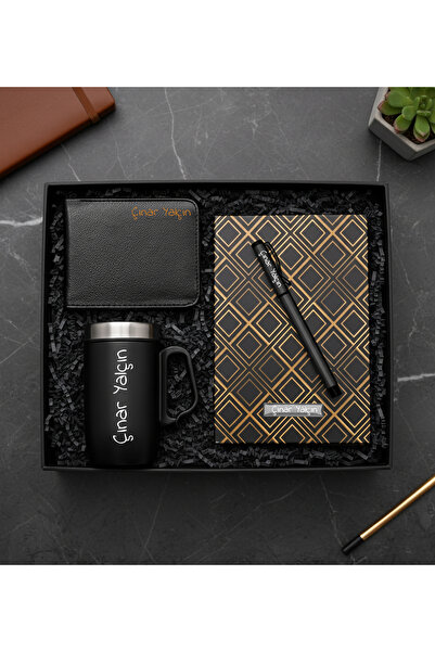 vegahediye v vega Kişiye Özel Bardak Termos & Erkek Cüzdan & Gold Renk Kareli...