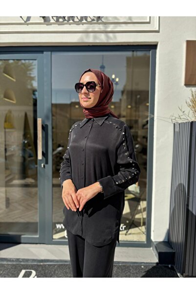 Babil Butik 25023013 Sleeve Stone Detail Women's Blouse Black