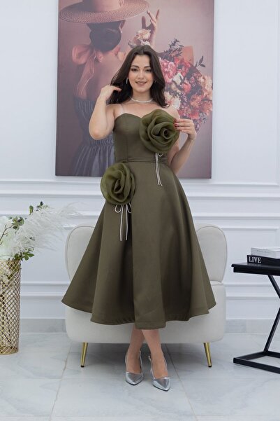 TREN Olive Green Strapless Midi Dress with Rosette Detail & Waist Tie for Women Evening Party Occasions