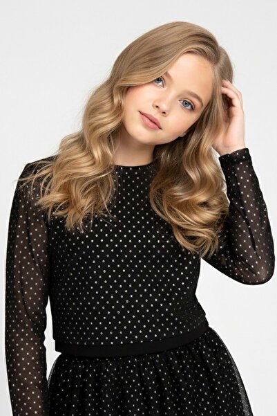 ww waka waka kids store Girl's Black Stone Printed Tulle Detailed Dress